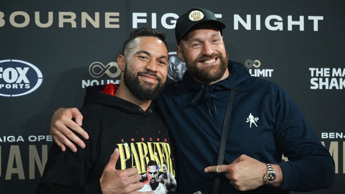 Joseph Parker (left) and Tyson Fury following the official press conference at the Margaret Court Arena in Melbourne. Photo / Photosport