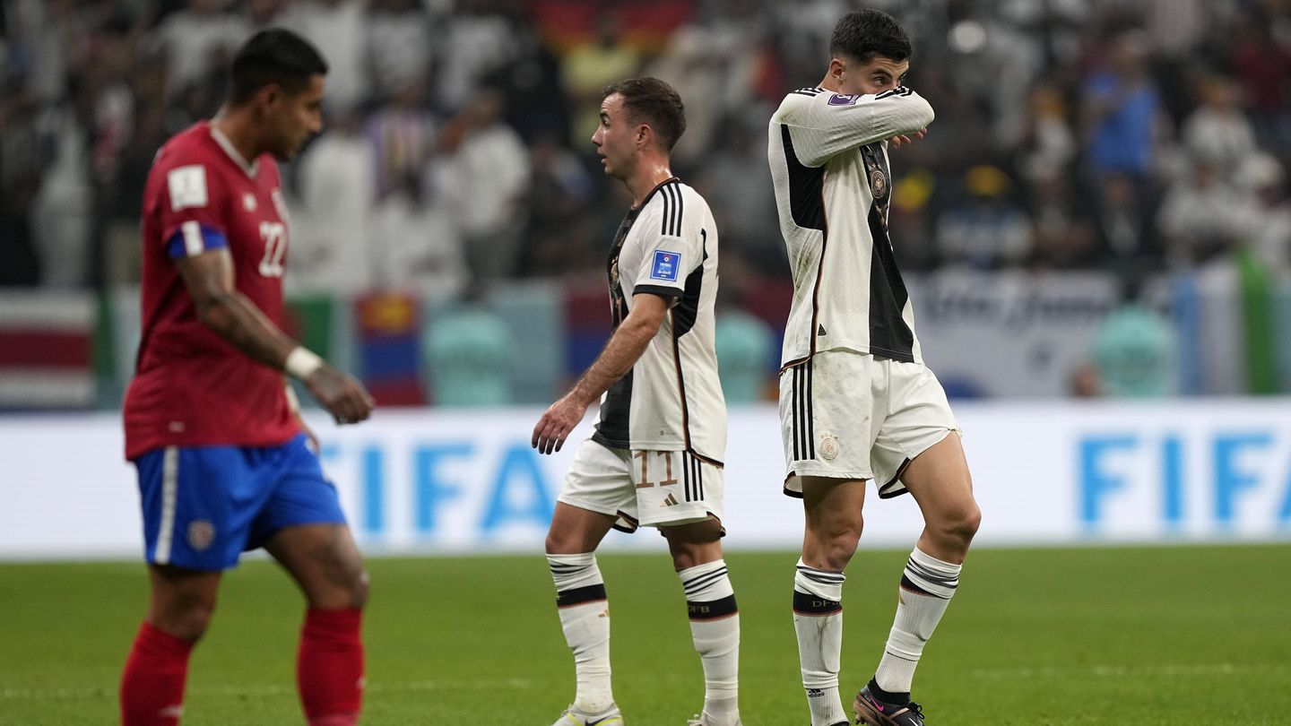 Germany's Mario Goetze and Kai Havertz react after being eliminated from the World Cup. Photo / AP