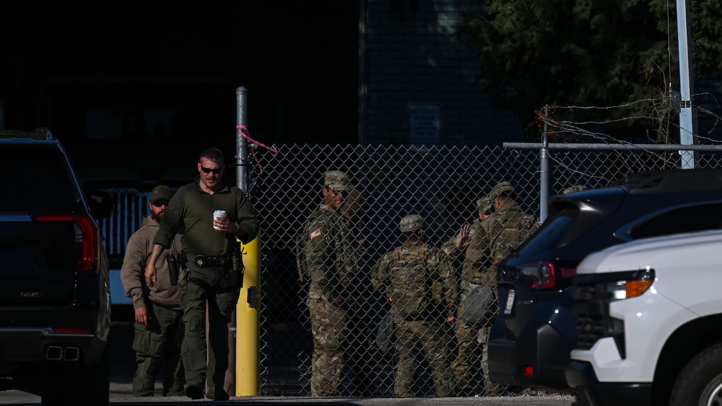 National Guard troops stand outside the Immigration and Customs Enforcement facility in Broadview, Illinois. Photo / Joshua Lott, The Washington Post