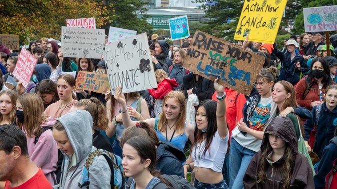 Students during their Strike 4 Climate protest at Parliament in April, 2021. (Photo / Mark Mitchell)