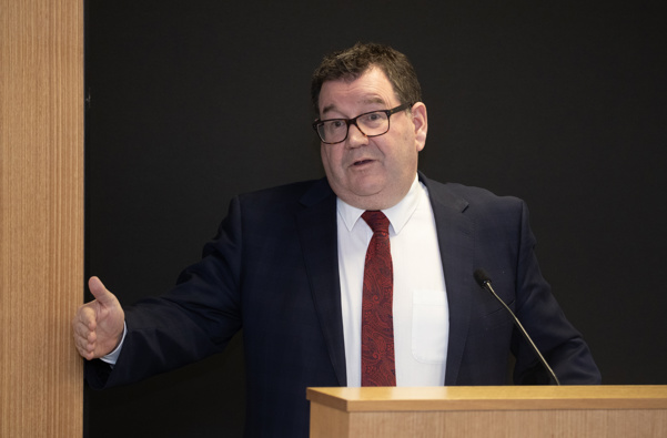 Finance Minister Grant Robertson during his presentation at the PREFU lockup at the Treasury in Wellington, September 12, 2023. Photo / Mark Mitchell