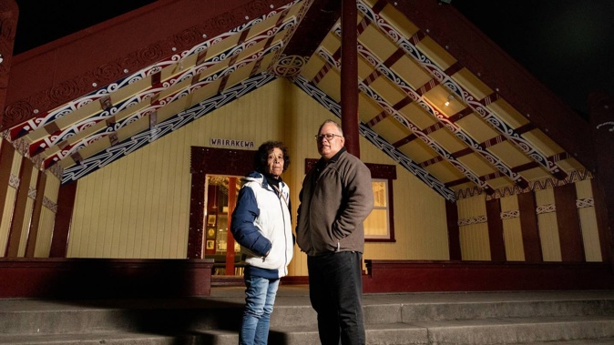 Wakata Kīngi and Peter Ririnui outside the wharenui at Maungatapu Marae. Photo / Alex Cairns