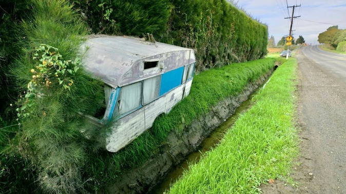 The Cyclone Gabrielle flood damaged caravan on Pakowhai Road, Hastings Photo / Warren Buckland