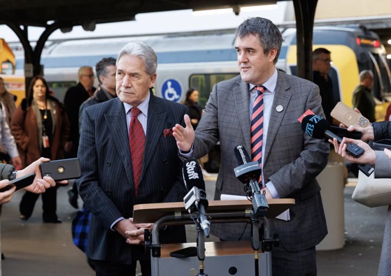 Rail Minister Winston Peters and Transport Minister Chris Bishop announcing $600m in Government funding to help upgrade the country's rail services during a press conference at Wellington Railway Station. Photo / Mark Mitchell