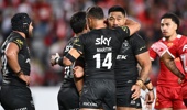 Moses Leota celebrates with Te Maire Martin of the Kiwisduring the Men's Pacific Championships match between the New Zealand Kiwis and Tonga at Eden Park on November 02, 2025 in Auckland, New Zealand. (Photo by Hannah Peters/Getty Images)