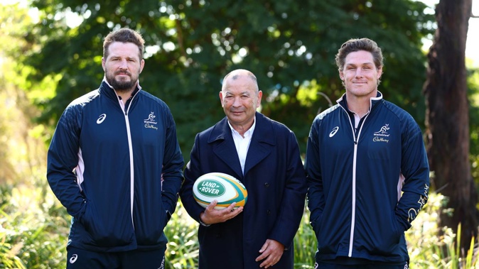 Wallabies head coach Eddie Jones with co-captains James Slipper and Michael Hooper. Photo / Getty Images