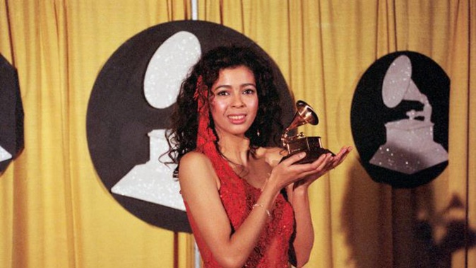 Irene Cara with the Grammy she won in 1984 for "What a Feeling". The "Fame" and "Flashdance" singer-actor has died aged 63. Photo / Getty Images