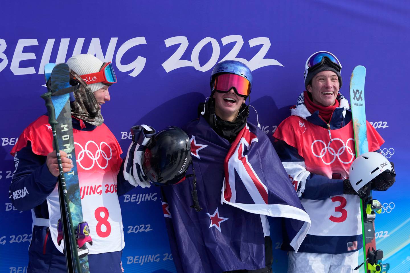 From left, silver medallist David Wise, gold medallist Nico Porteous and bronze medallist Alex Ferreira. (Photo / AP)