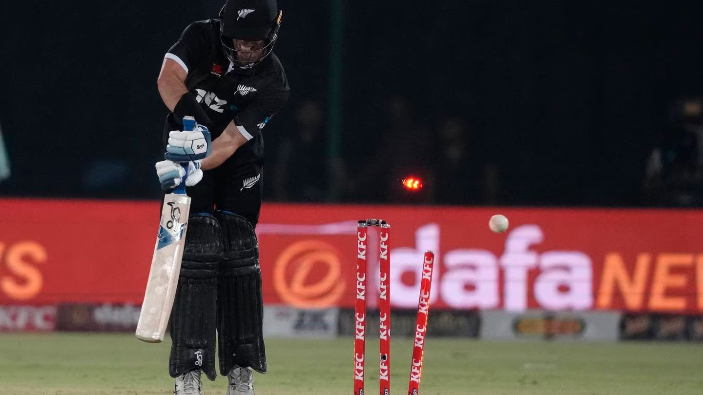 New Zealand's Mark Chapman is bowled out by Pakistan's Naseem Shah during the third one-day international. Photo / AP