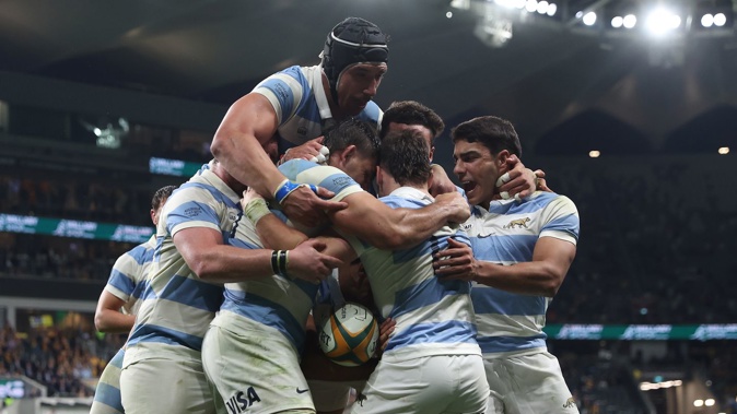 The Pumas celebrate a try by Mateo Carreras during The Rugby Championship match between the Australia Wallabies and Argentina at CommBank Stadium. Photo / Getty Images