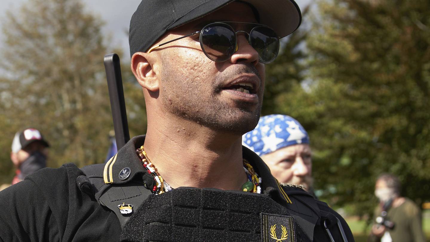 Proud Boys leader Enrique Tarrio speaks at a rally in Delta Park in 2020. Photo / AP