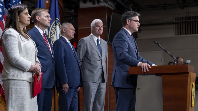 Speaker of the House Mike Johnson and other Republican Leaders met with reporters to condemn Trump’s guilty conviction. Photo / AP