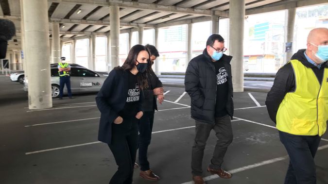 Prime Minister Jacinda Ardern at the Sky Stadium drive through clinic. (Photo / Sophie Trigger)