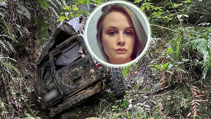 Sam Olney was a passenger in this four-wheel-drive vehicle when it flipped into a ravine in the Kaimai Range. Photo / Auckland Rescue Helicopter Trust