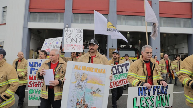 Auckland Central Fire Station staff walk off the job. Photo / Michael Craig