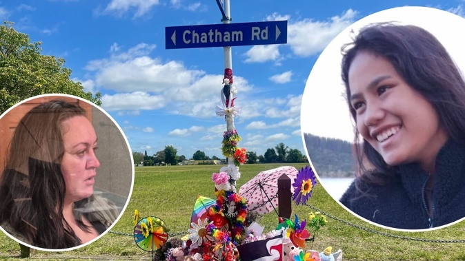 The Flaxmere community paid tribute to Emma-Jane Sylvia Kupa (inset, right) by leaving flowers and gifts at the site where she was killed on Chatham Rd. Terina Pineaha (inset, left) has been sent to prison four more than four years for her manslaughter. Photos / Rafaella Melo/RNZ/Supplied