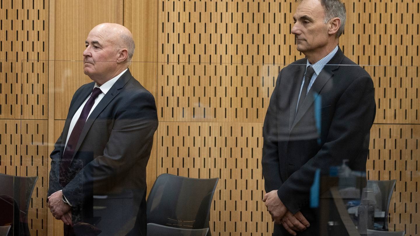 Ex-CERA employees Gerard Gallagher and Simon Nikoloff at the High Court in Christchurch. Photo / George Heard