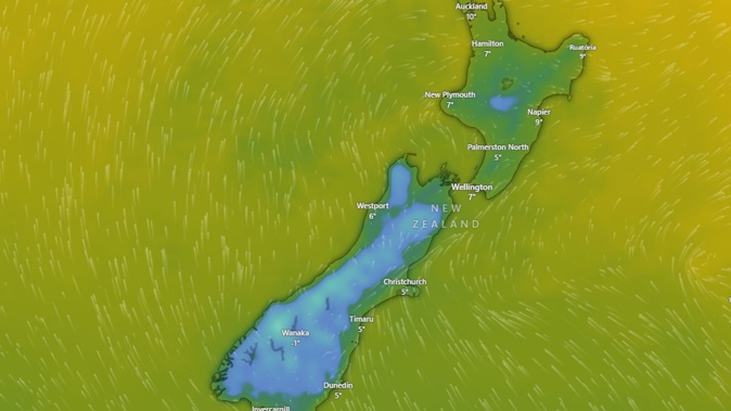 New Zealand is forecast to be hit by a cold snap at the end of this week with temperatures dipping below 0C in several South Island locations. Photo / Windy.com