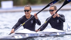 Lisa Carrington and Alicia Hoskin of New Zealand reacts after Women's Kayak Double 500m Final A of the Sport Climbing on Vaires-sur-Marne Nautical Stadium during the Paris 2024 Olympics Games on August 9, 2024 in Paris, France. (Photo by Andrzej Iwanczuk/NurPhoto via Getty Images)