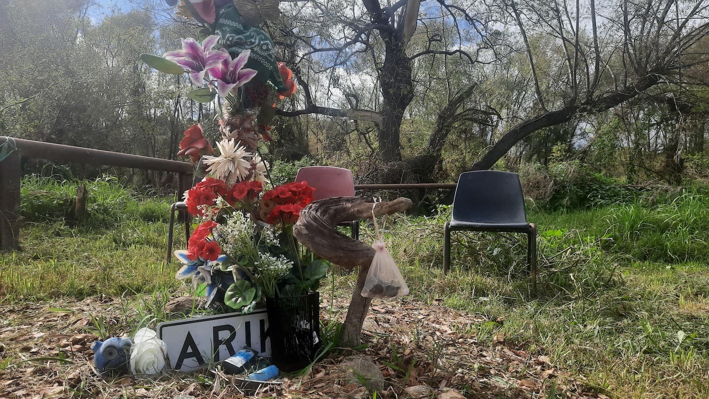 A tribute to Ariki Rigby at the Havelock North riverside carpark where the burned-out car was discovered with her body inside. Photo / Neil Reid
