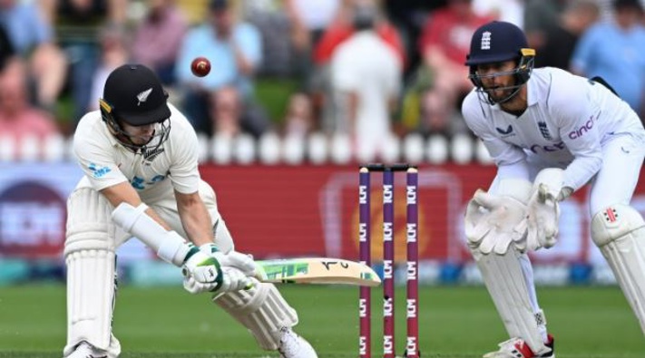 Tom Latham's dismissal came while attempting to reverse-sweep Jack Leach. Photo / Photosport