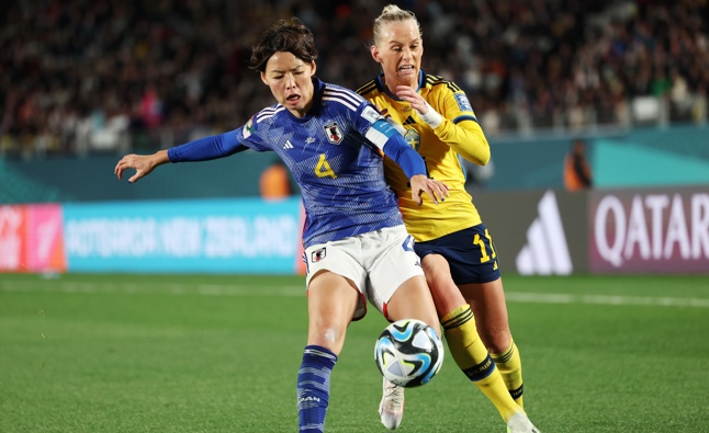 Saki Kumagai of Japan controls the ball against Stina Blackstenius of Sweden during the 2023 FIFA Women's World Cup Quarter Finals. Photo / Getty