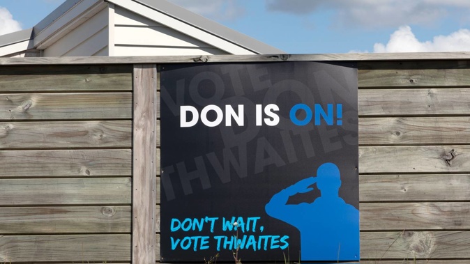 Hoardings supporting Western Bay of Plenty District Council mayoral candidate Don Thwaites have popped up in the Western Bay. Photo / Andrew Warner