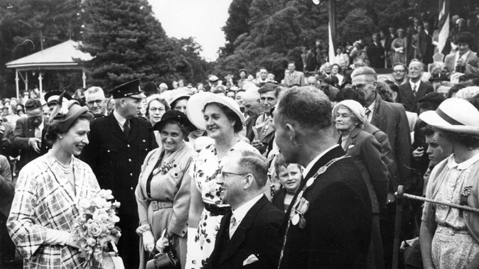 The Queen meeting locals in Masterton Park, which was later renamed Queen Elizabeth Park in her honour. Photo / Wairarapa Archive