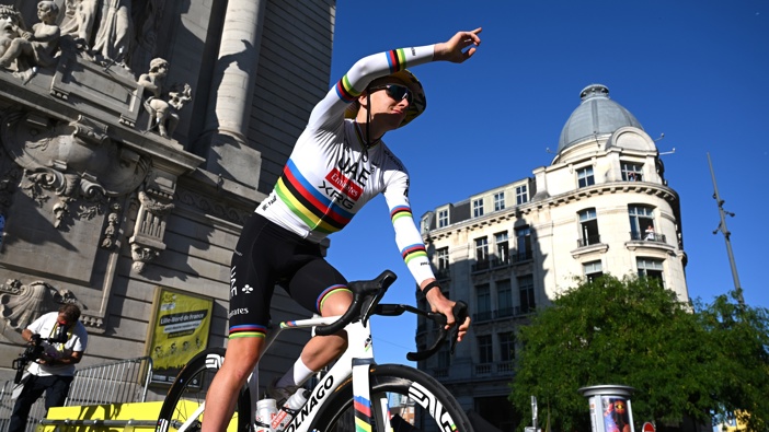 Tadej Pogacar of Slovenia and UAE Team Emirates - XRG during the team presentation prior to the 112th Tour de France 2025 / #UCIWT / on July 03, 2025 in Lille, France. (Photo by Dario Belingheri/Getty Images)