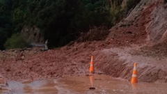 A slip blocking Te Kouma Rd in the Coromandel this morning. Photo / Ann Leef