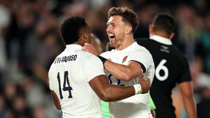 Henry Slade of England (R ) celebrates a try with scorer Immanuel Feyi-Waboso of England during the International Test Match between New Zealand All Blacks and England at Eden Park on July 13, 2024 in Auckland, New Zealand. (Photo by Fiona Goodall - RFU/The RFU Collection via Getty Images)