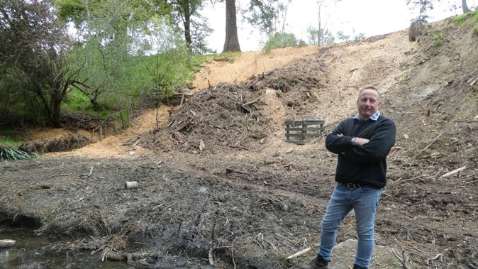 Andrew Fulford stands in an area of the Karituwhenua Stream walkway, known as Fulford's Well, where arborists have removed trees. Photo / Supplied