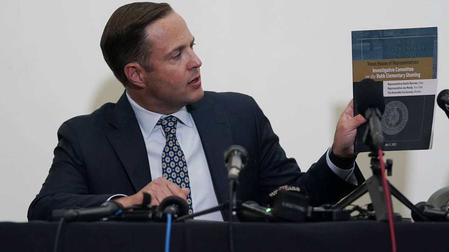 Texas House investigative committee chairman Rep. Dustin Burrows holds a copy of its full report on the shootings at Robb Elementary School. Photo / AP
