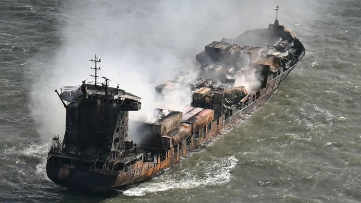 Smoke rises from the MV Solong cargo ship in the North Sea, off the coast of Withernsea, east of England, on March 11, 2025, after it collided with the MV Stena Immaculate tanker on March 10. Photo / AFP