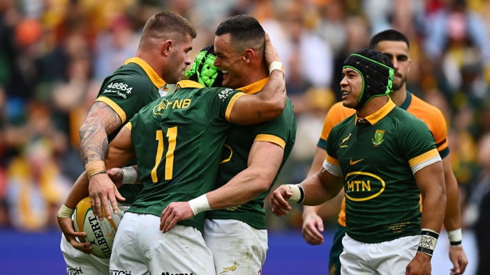 Kurt-Lee Arendse of the Springboks celebrates a try during The Rugby Championship match between Australia Wallabies and South Africa Springboks at Suncorp Stadium on August 10, 2024 in Brisbane, Australia. (Photo by Morgan Hancock/Getty Images)