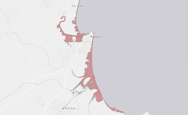 A new flood map around Napier shows the impact of coastal flooding, with a 1 per cent annual exceedance probability (a one-in-100-year coastal flood). Photo / NCC
