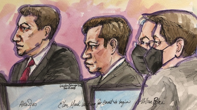In this courtroom sketch, Elon Musk, center, sits next to attorney Alex Spiro, left, in federal court in San Francisco. Photo / Vicki Behringer via AP