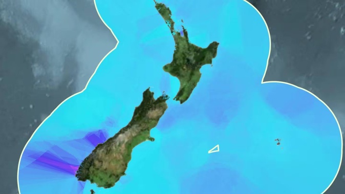Scientists have calculated the marine sediments in New Zealand's ocean territory store more than 2 billion tonnes of organic carbon - of which the density is shown here in purple. Image / Parliamentary Commissioner for the Environment