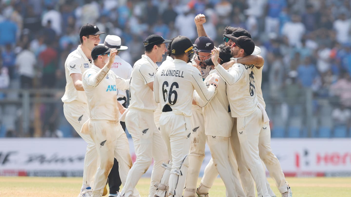 The Black Caps celebrate an improbable victory over India. Photo / Photosport