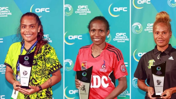Individual winners (from left): Edsy Matao (AS Academy Feminine), Marie Kaipu (Hekari United), and Sylvester Maenu’u (Koloale FC). Photo / OFC Media