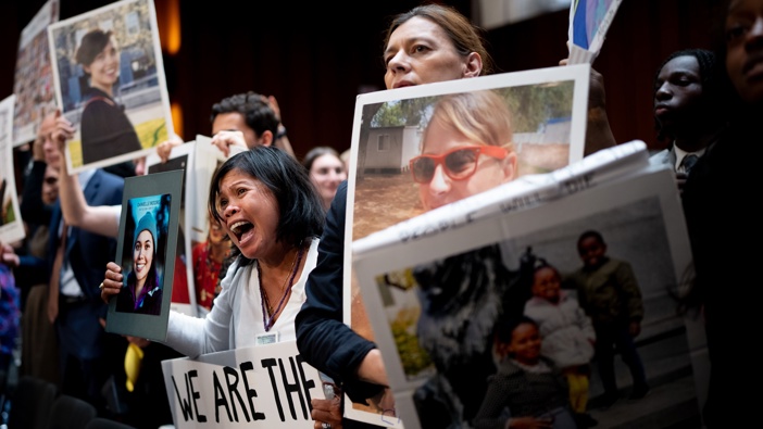Clariss Moore holds a photograph of her daughter Danielle and stands with other family members of those killed in the two crashes involving Boeing planes as she becomes emotional while screaming at Boeing CEO Dave Calhoun as he departs following a Senate hearing on Boeing's broken safety culture. Photo / Getty
