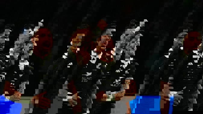 TJ Perenara performs the haka before the match against Italy at Allianz Stadium in Turin, Italy. Photo / Getty Images