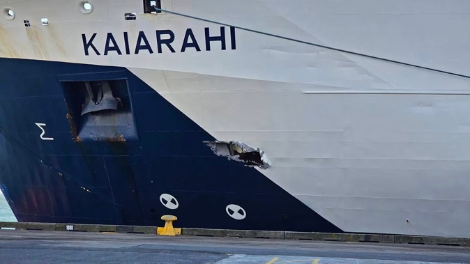 The large hole on the side of Interislander's Kaiarahi. Photo / Regan Ingley