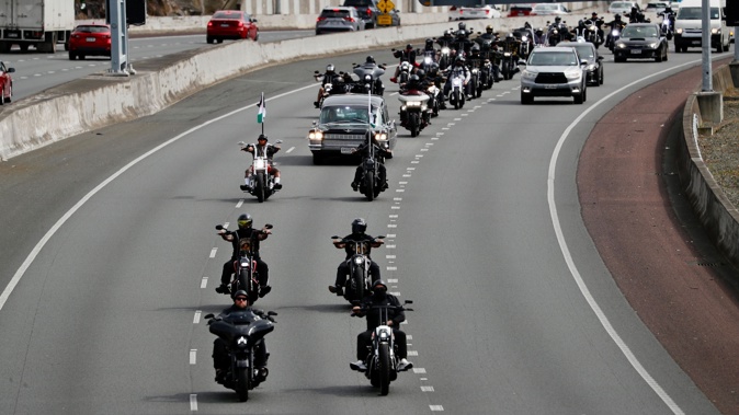 The funeral cortege of senior gang member Rocky Pulete travelling along Auckland's Southerwestern Motorway.