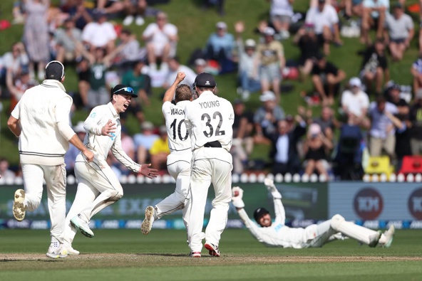 Neil Wagner celebrates his wicket of James Anderson of England. Photo / Getty Images