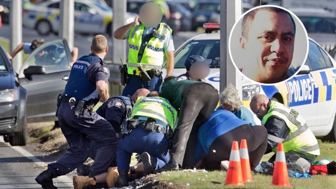 Emergency services rush to help Shargin Stephens, inset, after he was shot twice by a probationary police officer in Rotorua in July 2016. Photos / Ben Fraser, Supplied