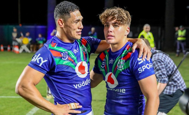 Warriors' Roger Tuivasa-Sheck and Reece Walsh after beating the Tigers. Photo / Photosport