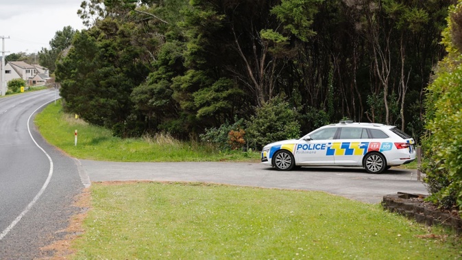 A police car at the top of a rural driveway on Paremoremo Rd, where a police operation is under way. Photo / Sylvie Whinray