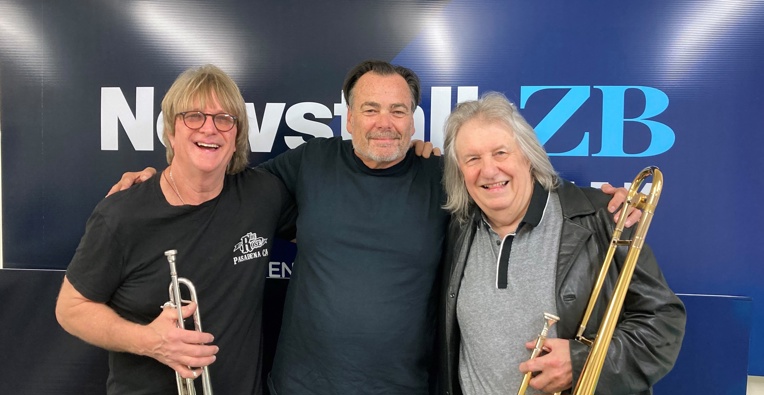 LA based trumpet player Jon Papenbrook, Nick Mills and Rodger Fox. Image / Newstalk ZB