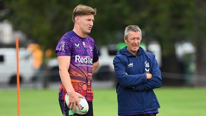 Jordie Barrett of the All Blacks speaks to Craig Bellamy the coach of the Storm during a Melbourne Storm NRL training session. Photo / Getty